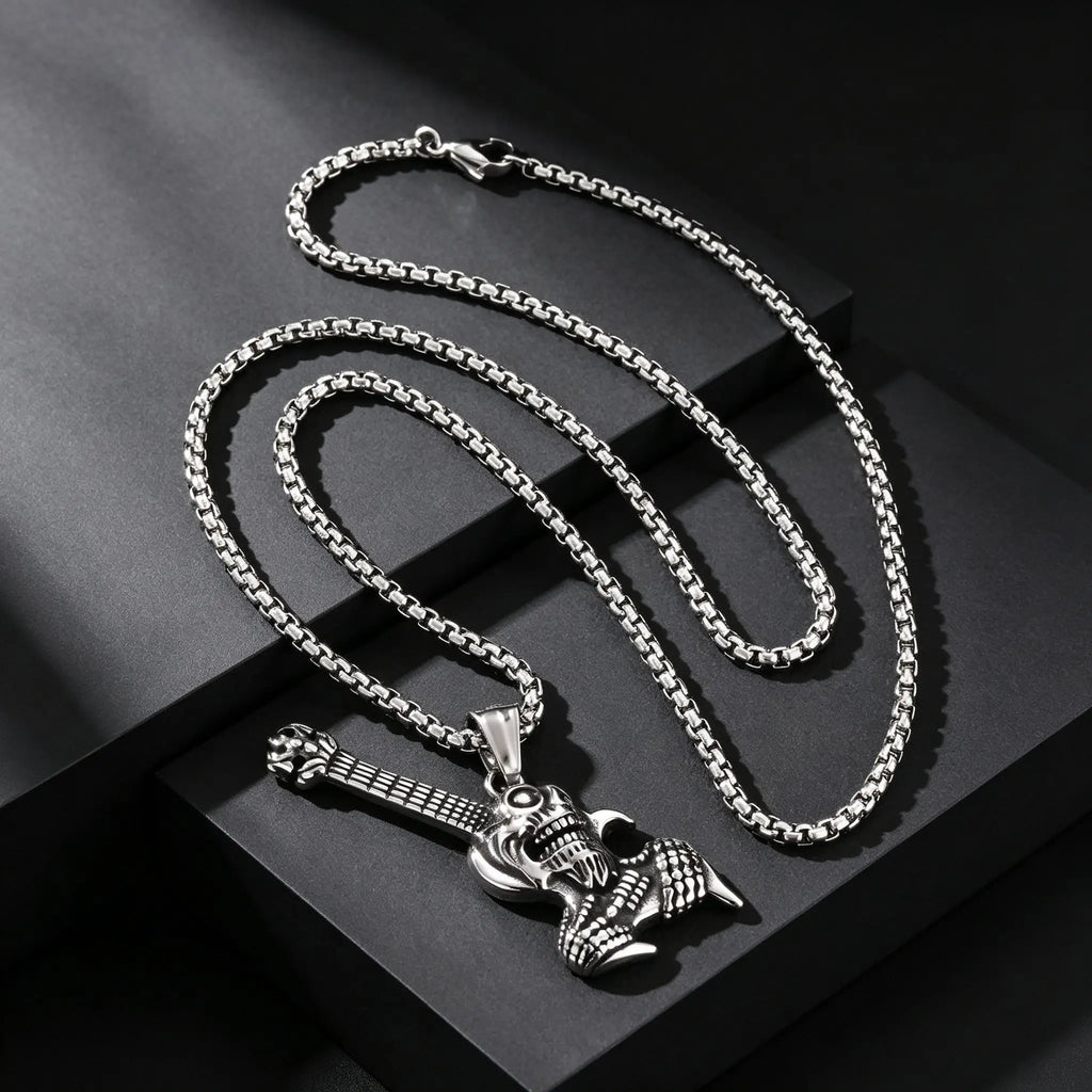Gothic Hip Hop Skull Skeleton Guitar Necklace for Men Punk Instruments Pendant Stainless Steel Chain Neck Rock Jewelry Accessory