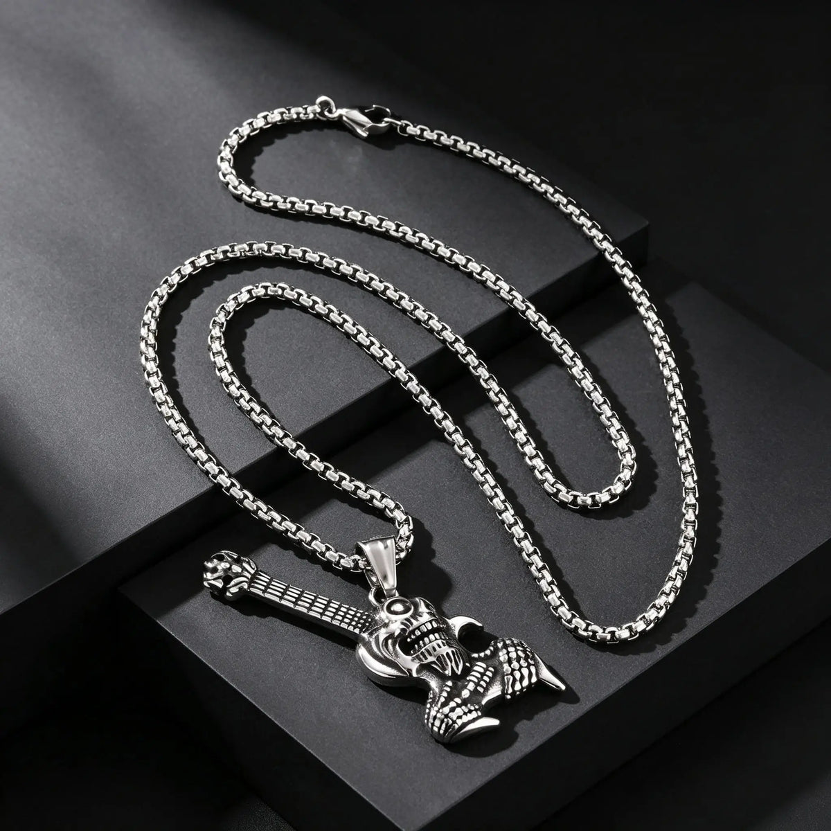 Gothic Hip Hop Skull Skeleton Guitar Necklace for Men Punk Instruments Pendant Stainless Steel Chain Neck Rock Jewelry Accessory