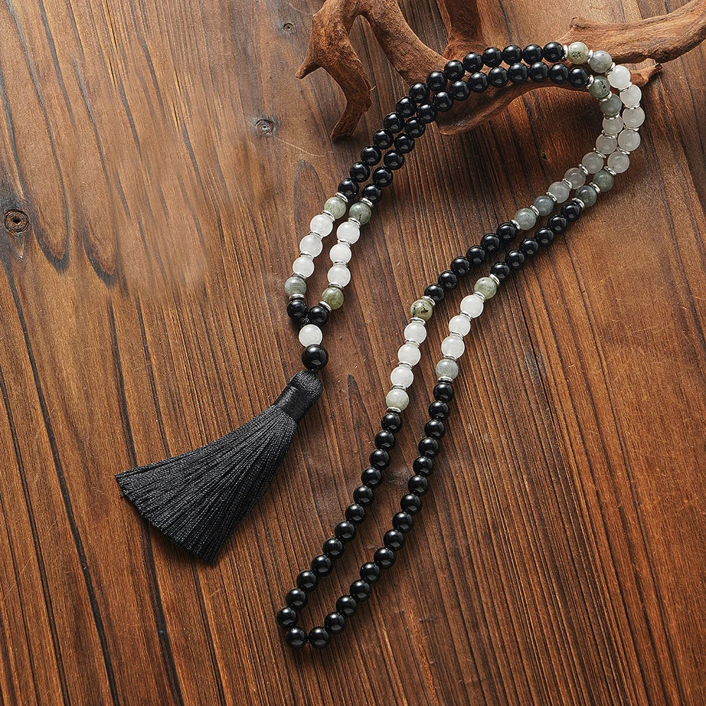 Black Onyx Labradorite Beads,108 Mala Necklace,Meditation,Yoga Prayer Jewelry, Japamala Rosary for Men and Women, 8mm