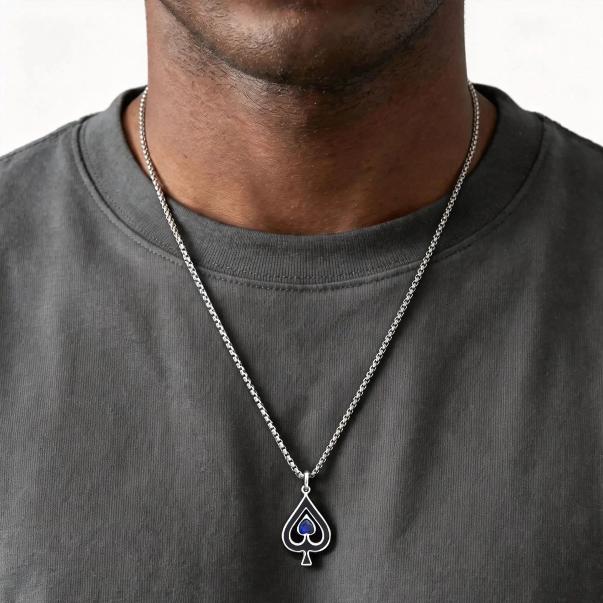 Ace of Spades Necklace for Men,Blue Stone Stainless Steel Spade A Pendant Necklace,Hip Hop Punk Rocker Jewelry Gift