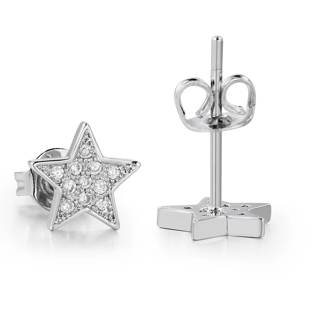 Iced Out Star Stud Earrings Stainless Steel CZ