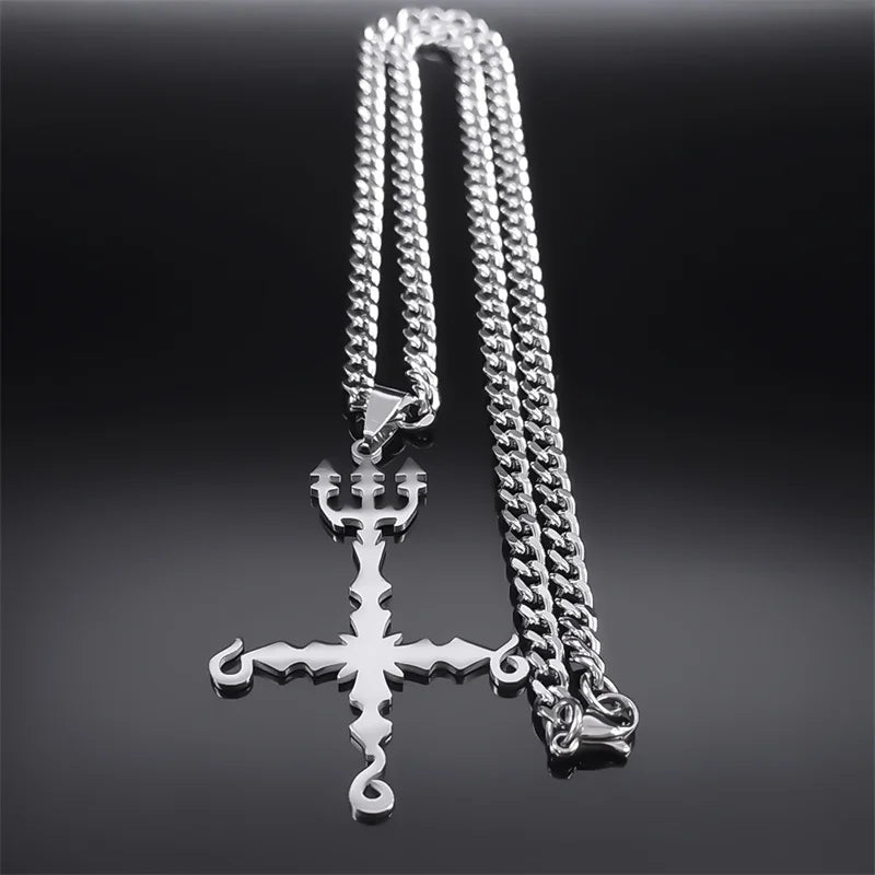 666 Inverted Cross Trident Necklace — Silver