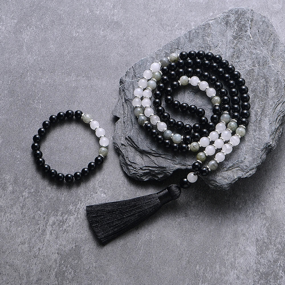 Black Onyx Labradorite Beads,108 Mala Necklace,Meditation,Yoga Prayer Jewelry, Japamala Rosary for Men and Women, 8mm