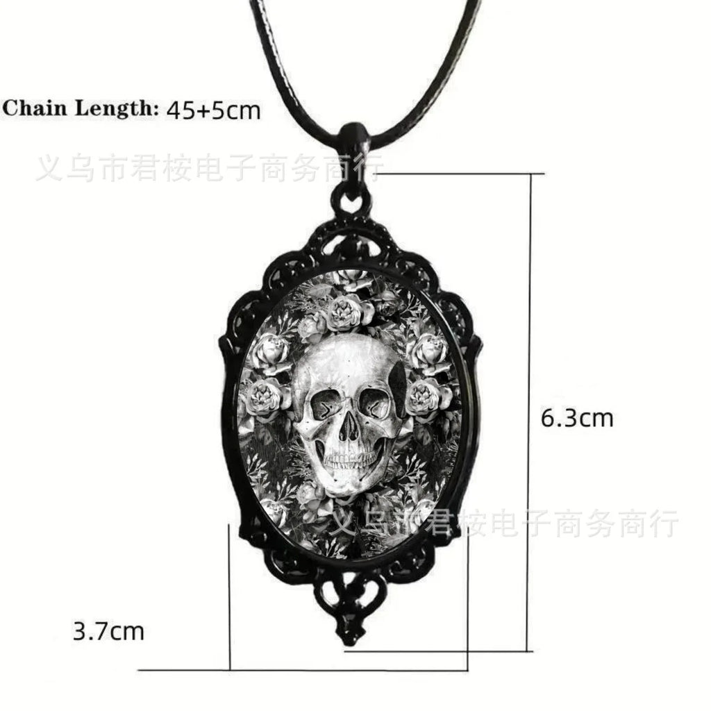 Gothic Crow Black Forest Charm Necklace Fashion Witch Jewelry Gift Pagan Cross Black Cat Skull Glass Pendant Necklace