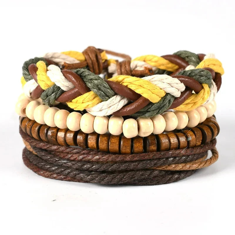 Leaf Pendant Bohemia Leather Bracelets for Men Women Ethnic Braid Rope Hand Woven Bracelet Drawstring Bracelet Beads Jewelry