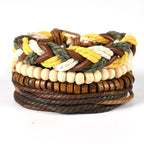 Leaf Pendant Bohemia Leather Bracelets for Men Women Ethnic Braid Rope Hand Woven Bracelet Drawstring Bracelet Beads Jewelry