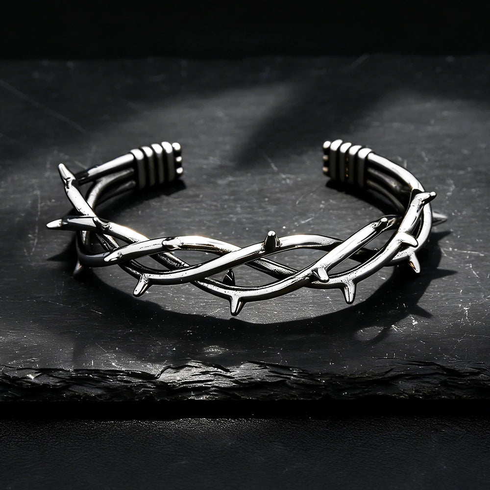Vintage Gothic Thorn Open Cuff Bracelet For Men Women Stainless Steel Twisted Bangles Punk Rock Wrist Jewelry Fashion