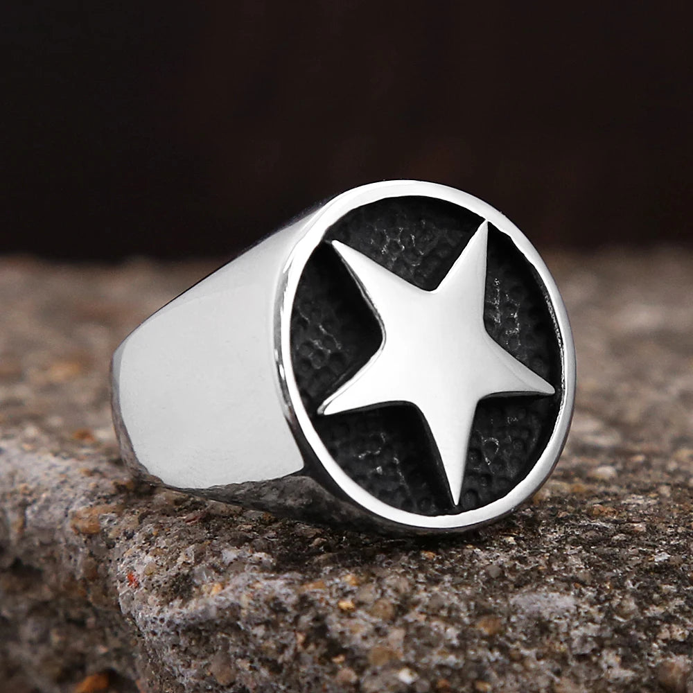 Star Signet Steel Ring Pentagon Biker Good