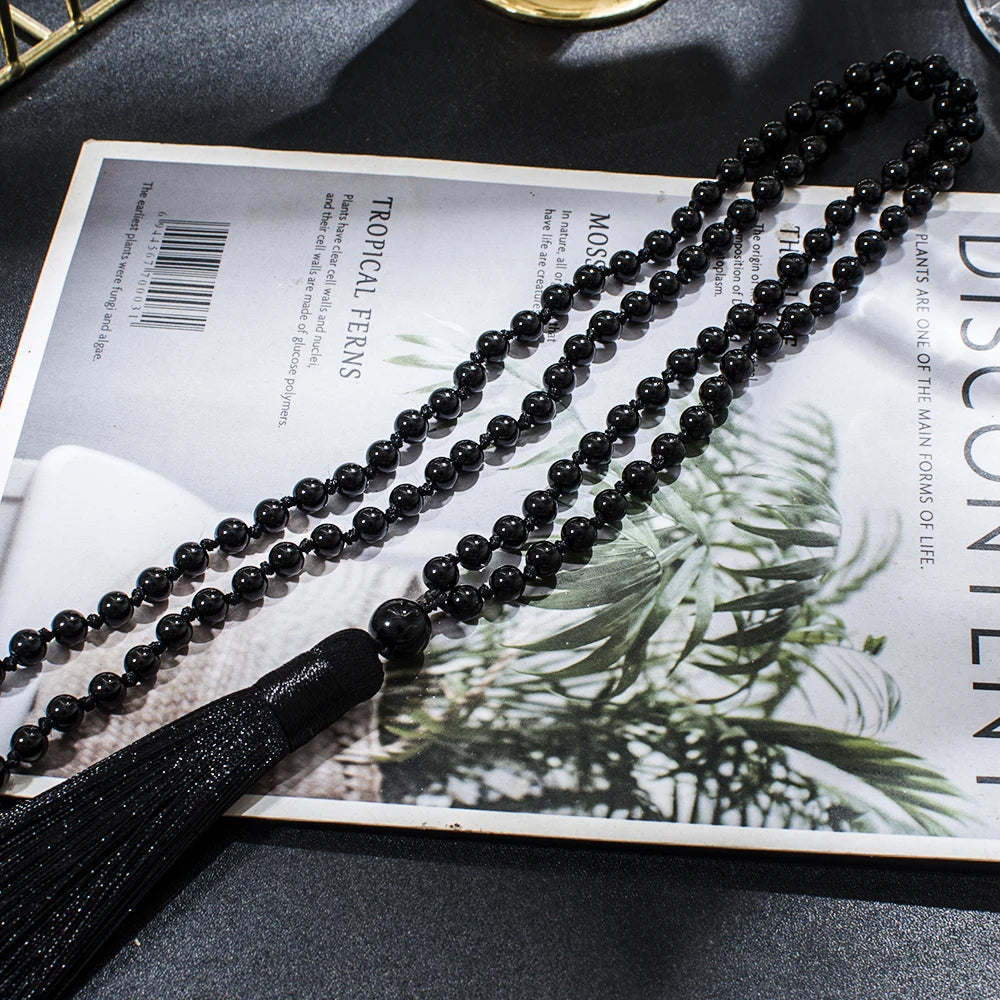 6mm Black Onyx Beaded Knotted 108 Mala Necklace Meditation Yoga Prayer Jewelry Japamala Tassel Rosary