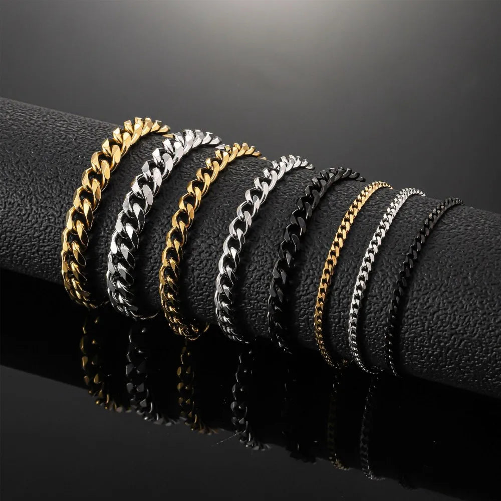 21cm Hot Trendy Cuban Chain Men Bracelet Classic Stainless Steel 3 5 7mm Width Chain Bracelet For Men Women Jewelry Party Gift