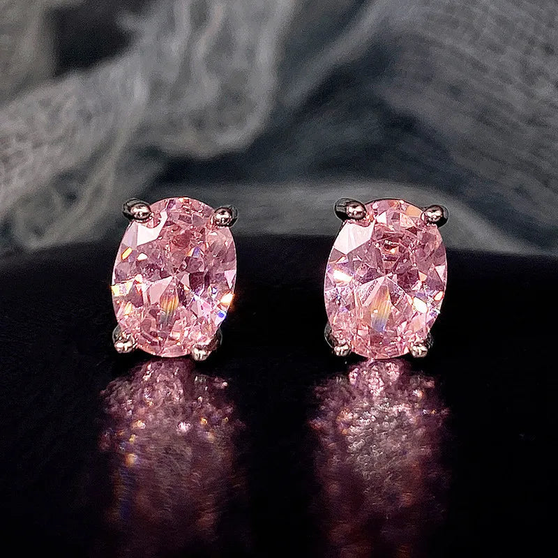 Oval Colored Zircon Four Claw Stud Earrings — Stainless Steel