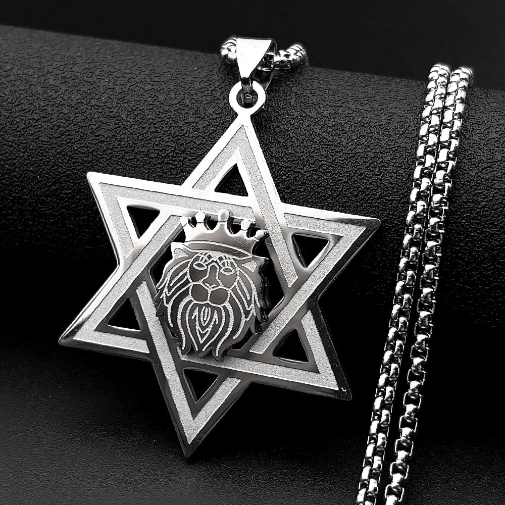 Star of David Lion of Judah Pendant Necklace — Gold-Tone Steel