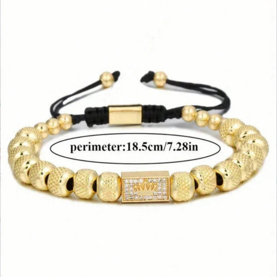Gold Crown Pendant Beaded Bracelet Adjustable — Stainless Steel