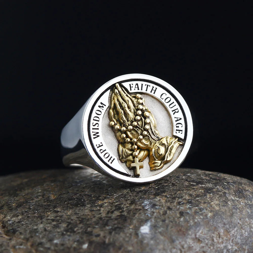 Praying Hands Cross Ring — 925 Silver