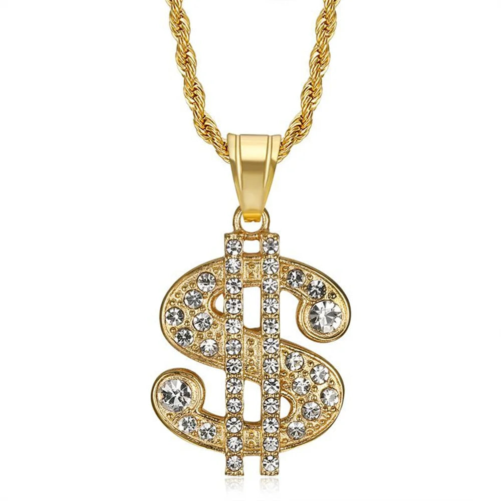 Hip Hop Iced Out Bling Dollar Sign Pendant Gold Color Stainless Steel Rapper Money Necklace For Men Women Hippie Jewelry Gift