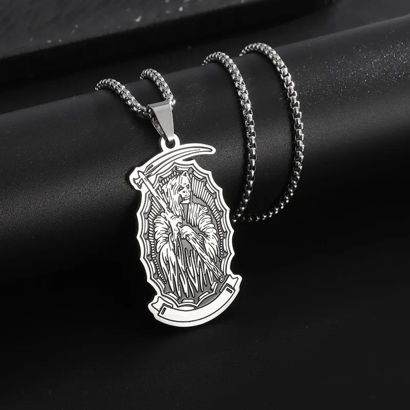 Retro Punk Stainless Steel Holy Death Skull Scythe Pendant Necklace for Men  Gothic Jewelry Halloween Gifts