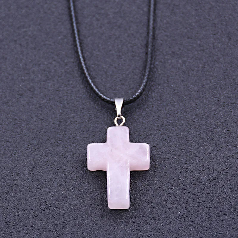 Tiny Natural Stone Turquoise Opal Cross Pendant Necklace With Stones Women Leahter Chain Choker Female Jewelry Party Girls Gift