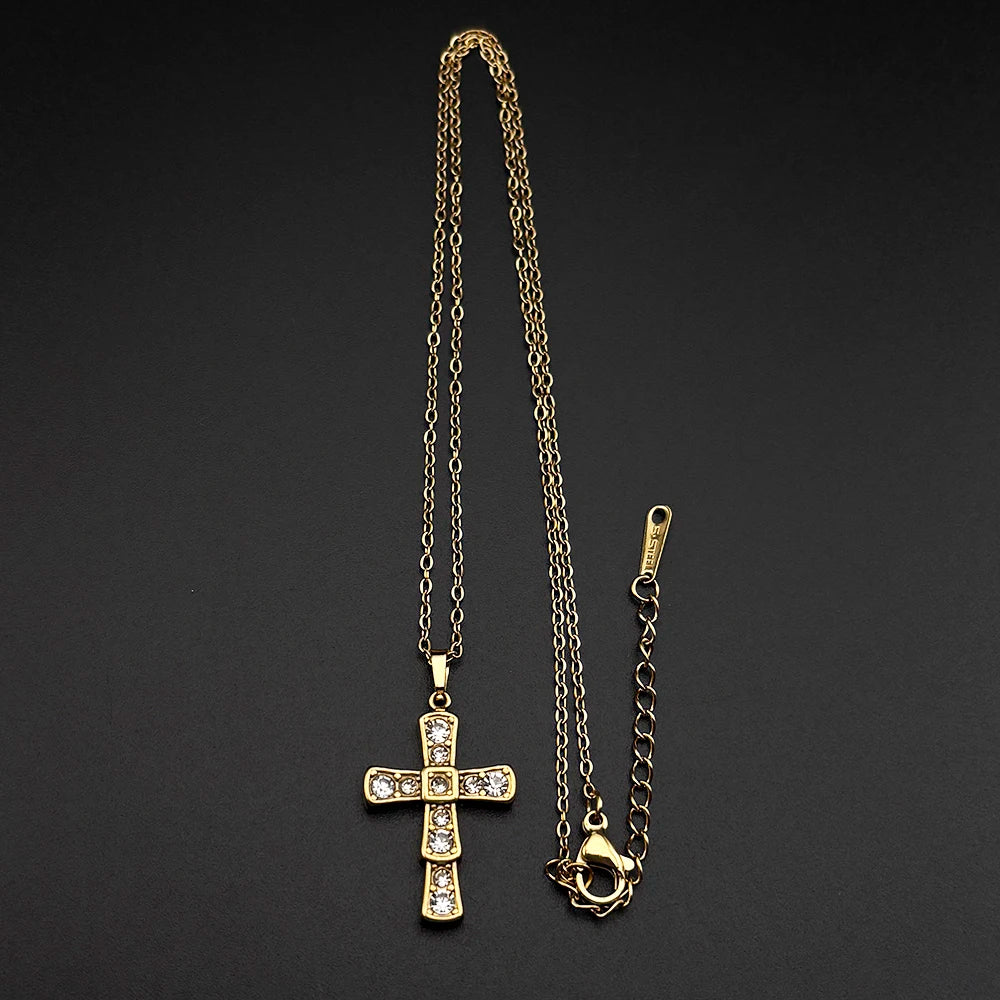 Gold-Tone Jesus Cross Rhinestone Necklace — Stainless Steel