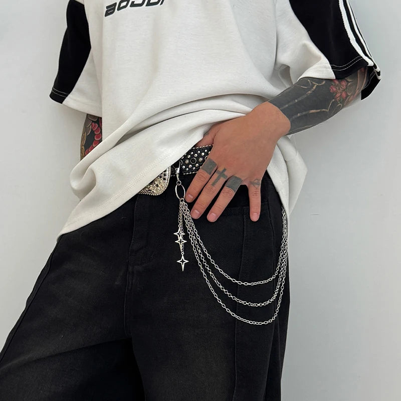 Punk Triple-Strand Star Charm Jeans Chain Keychain