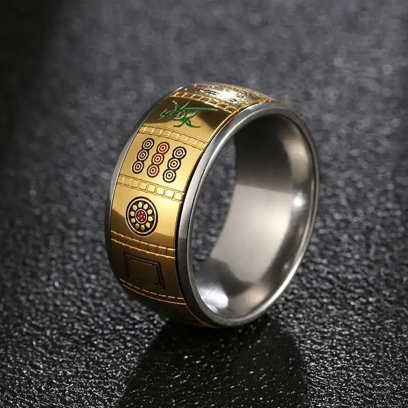 Anxiety Ring For Men Chinese Character Mahjong Stainless Steel Rotatable Spinning Spinner Ring Homme Gift Party Finger