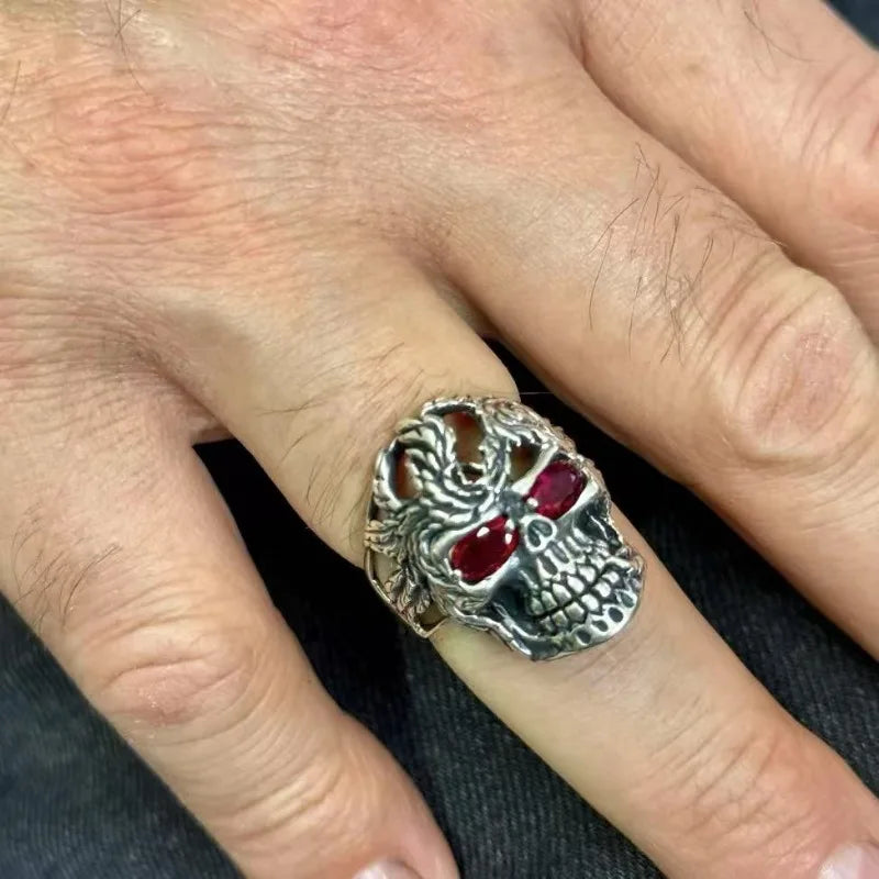 European and American new fashion skull shape red zircon inlaid punk retro men's ring