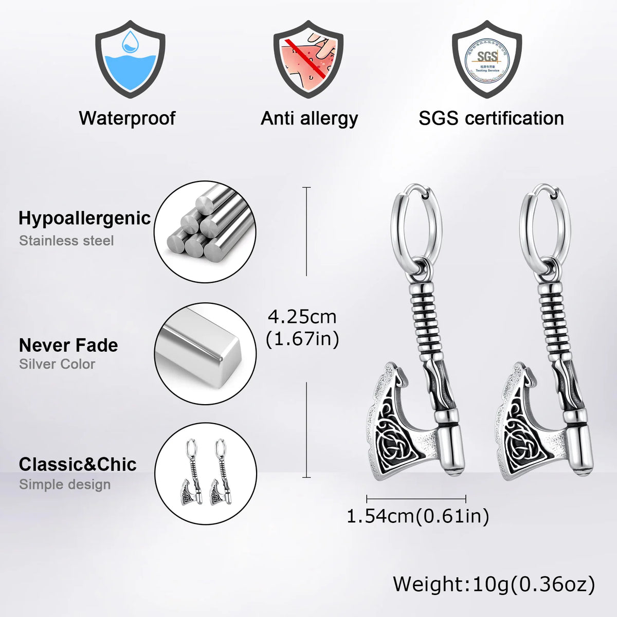 Hip Hop Punk Viking Axe Dangle Earrings for Men, Fashion Celtic Knot Rune Amulet Earrings, Stainless Steel Punk Jewelry