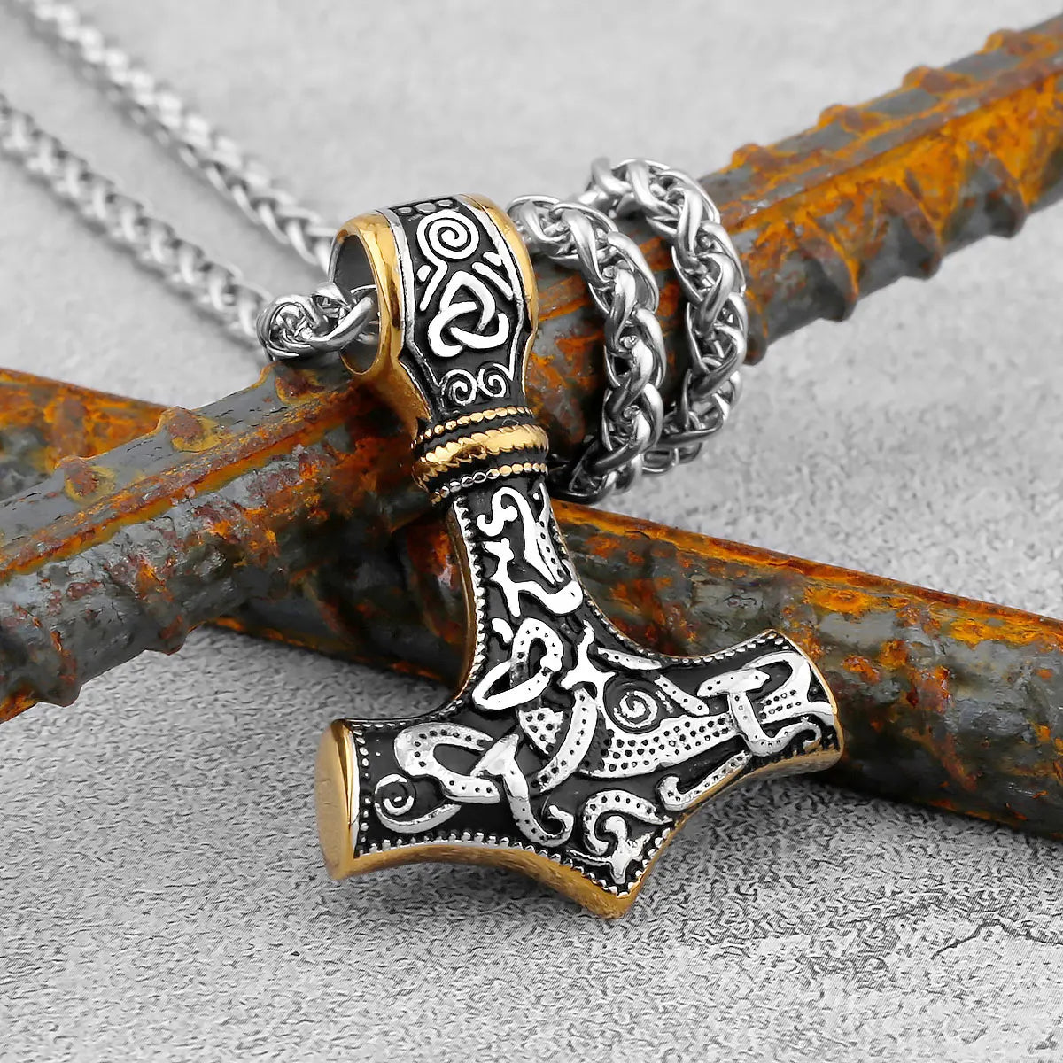 Nordic Viking Thor's Hammer Pendant Scandinavian Rune Amulet Necklace Stainless Steel Chain Men's Jewelry Gift