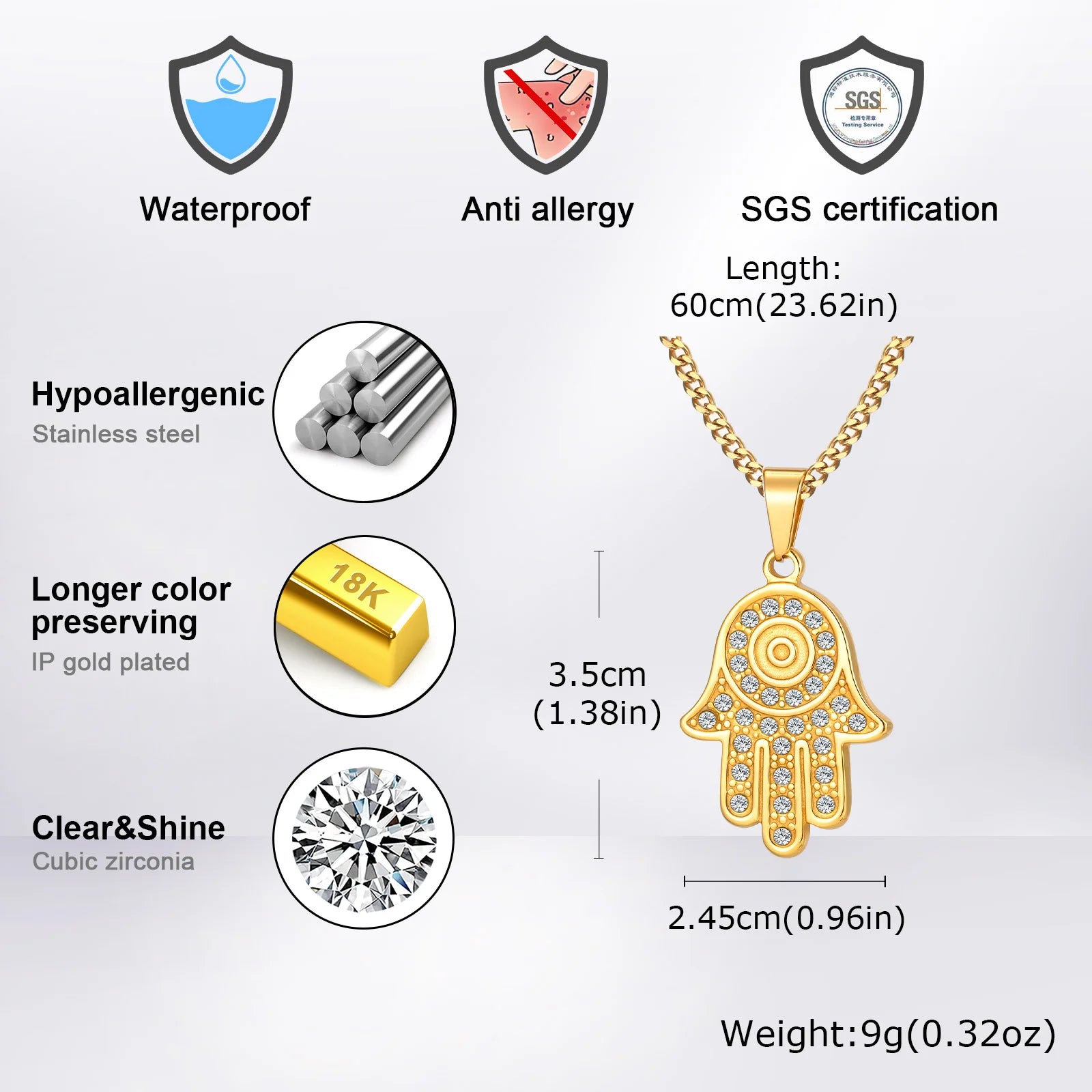 The Hand of Fatima Zircon Necklace for Men,Gold Color Evil Eye Stainless Steel Pendant,Turkish Jewelry Gift