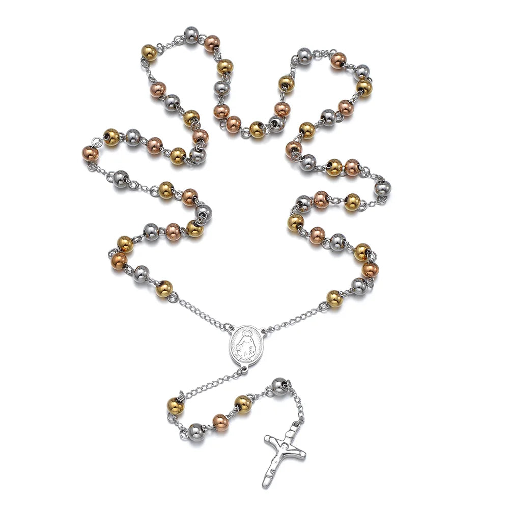 Saint Benedict Virgin Mary Rosary Necklace — Stainless Steel