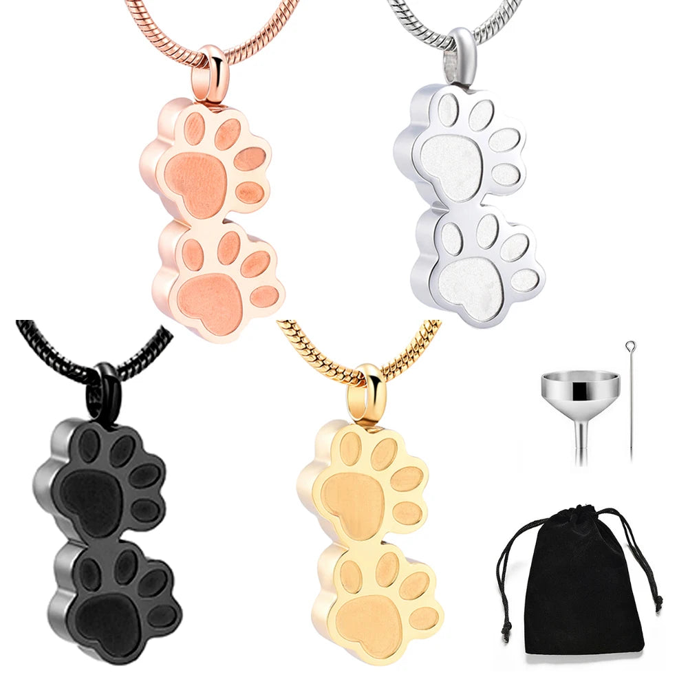 Double Paw Memorial Urn Necklace — Stainless Steel
