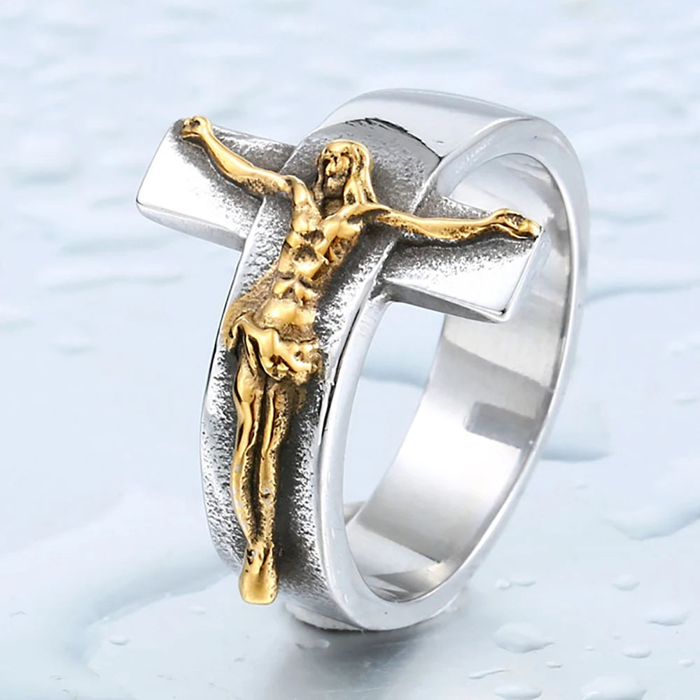 Men's Vintage Stainless Steel Jesus Cross Rings Fashion Character Relief Religious Ring Creative Party Gothic Jewelry