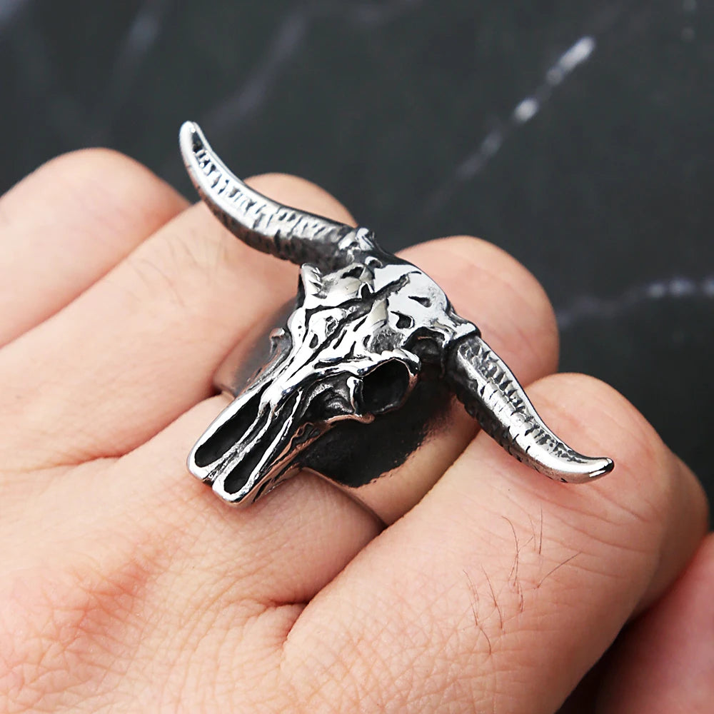 Men Gothic 316L Stainless Steel Bull Skull Ring Punk Rock Biker Bull Head Animal Ring Cool Fashion Jewelry Gift Drop