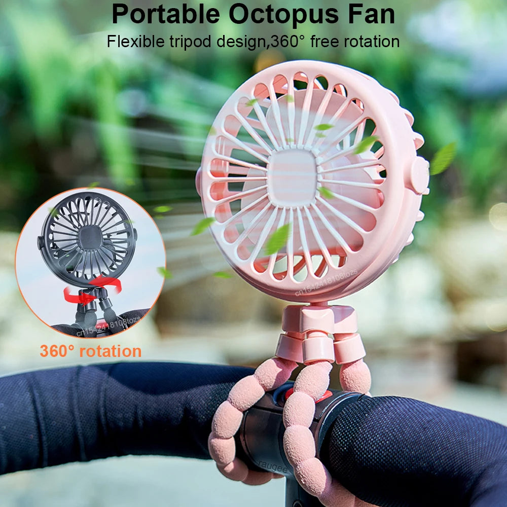 Portable Stroller Fan Mini Baby Clip Fan Smart Octopus Handheld Fan 360° Rotate Bike Car Tripod Fan Rechargeable Clip