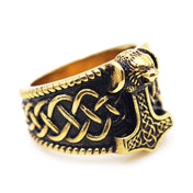 Viking Thor Hammer Bear Head Ring — Stainless Steel
