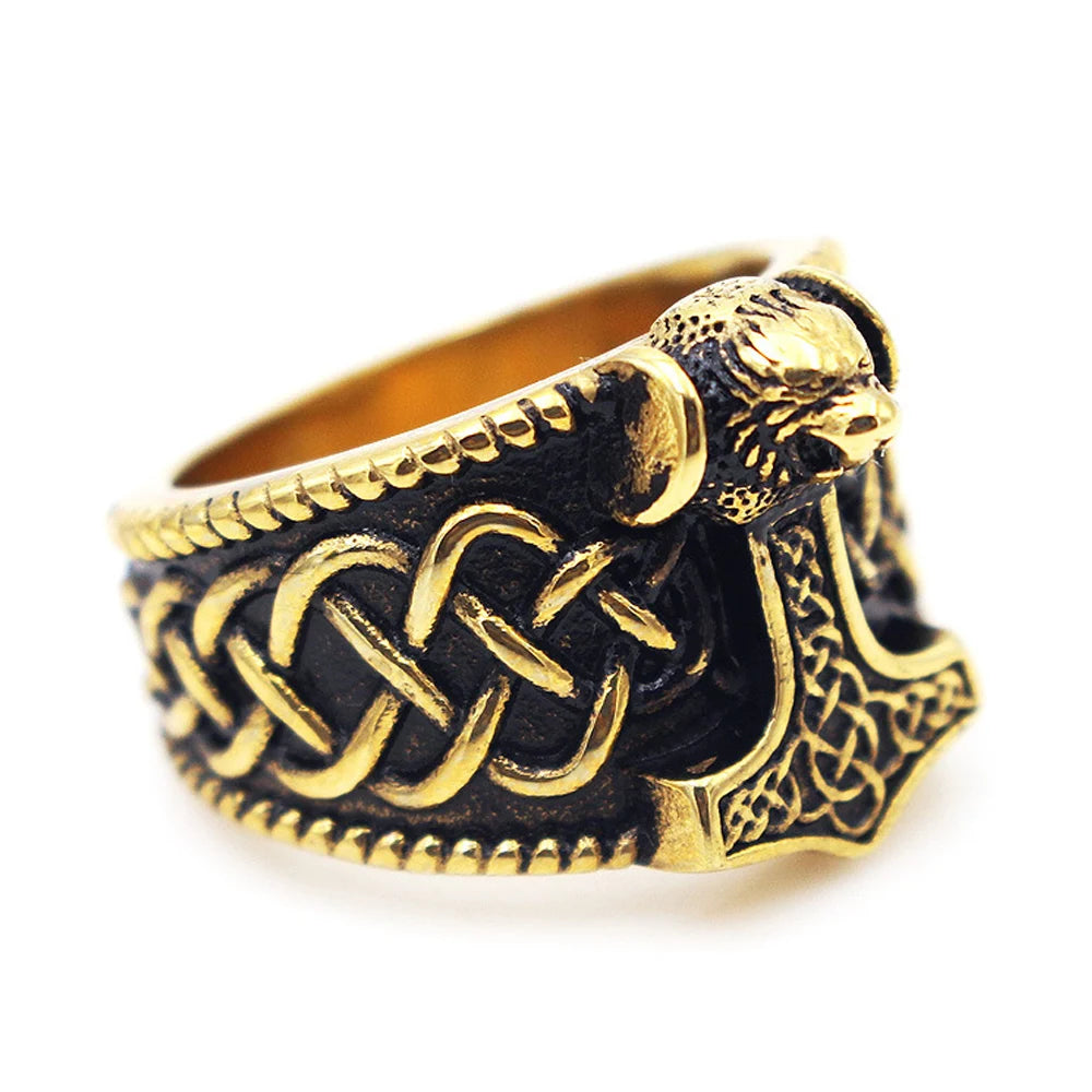 Viking Thor Hammer Bear Head Ring — Stainless Steel