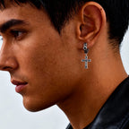 Vintage Celtic Knot Cross Pendant Earrings for Men, Black Zircon Stainless Steel Rhombus Hoop Earrings, Punk Gothic