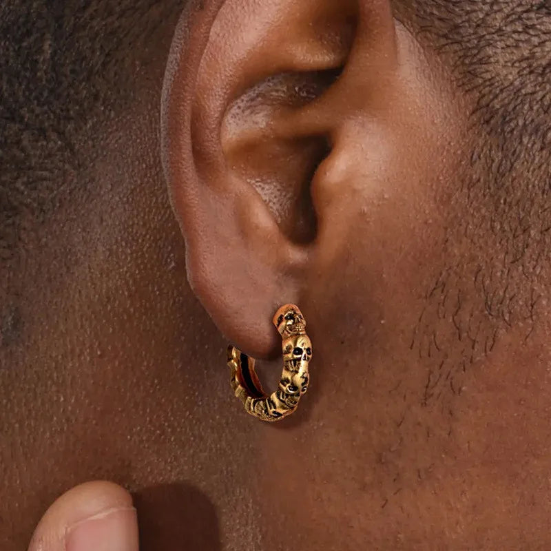 Stacked Skull Hoop Earrings Huggie Circle — Silver-Tone