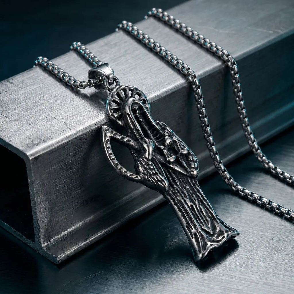 Silvery Stainless Steel Santa Muerte Grim Reaper Scales Pendant Necklace Gothic Mexican Dark Religious Jewelry Gift For Men Wome