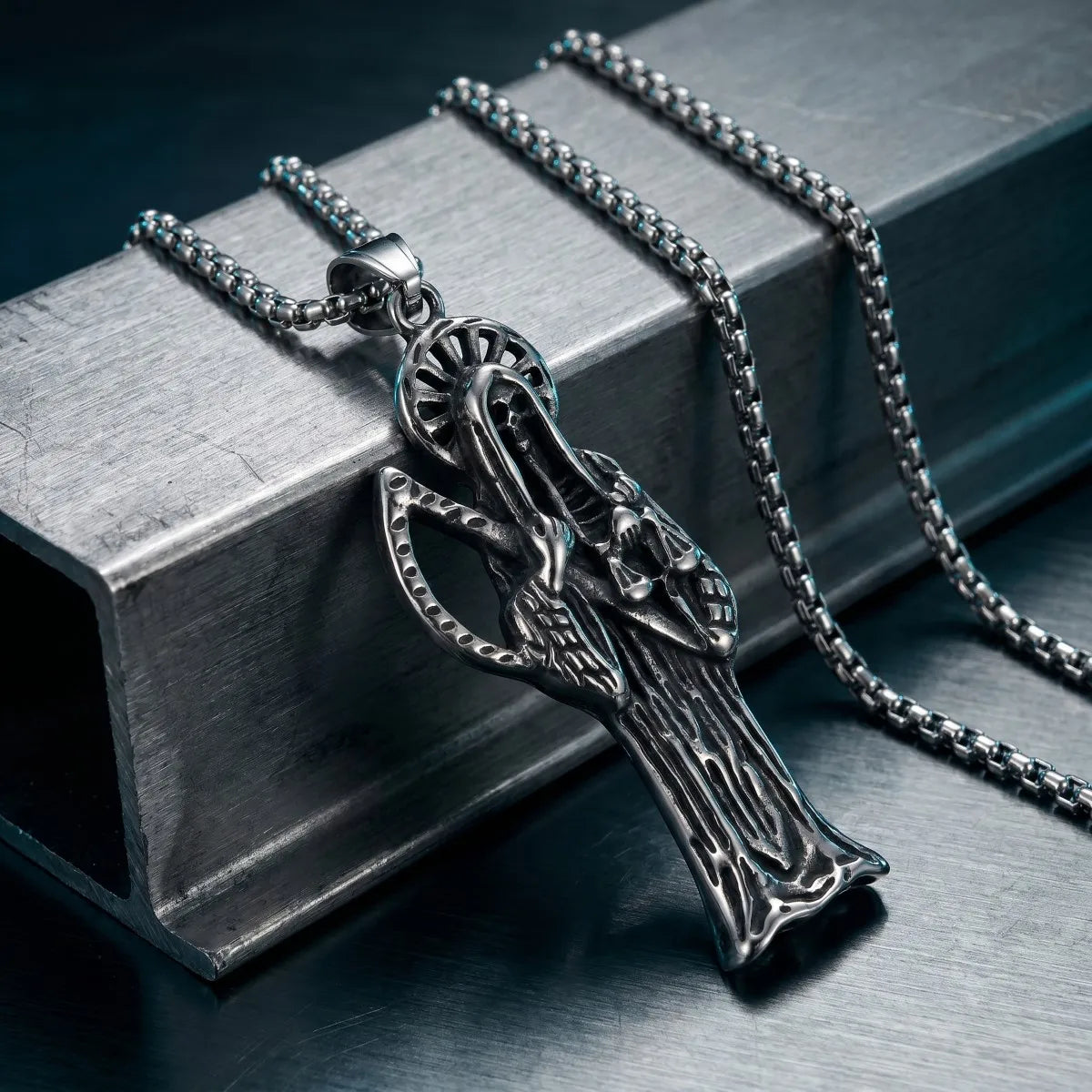 Silvery Stainless Steel Santa Muerte Grim Reaper Scales Pendant Necklace Gothic Mexican Dark Religious Jewelry Gift For Men Wome