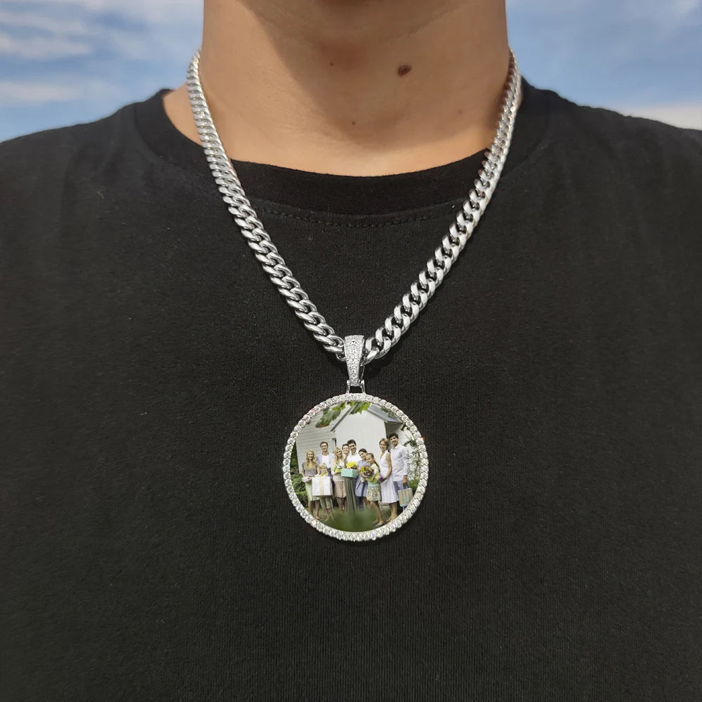 HHIOK Customized Necklaces Circle Chain Picture Personalized Diamond Memory Pendant with Photo Wing Design Gift for Men