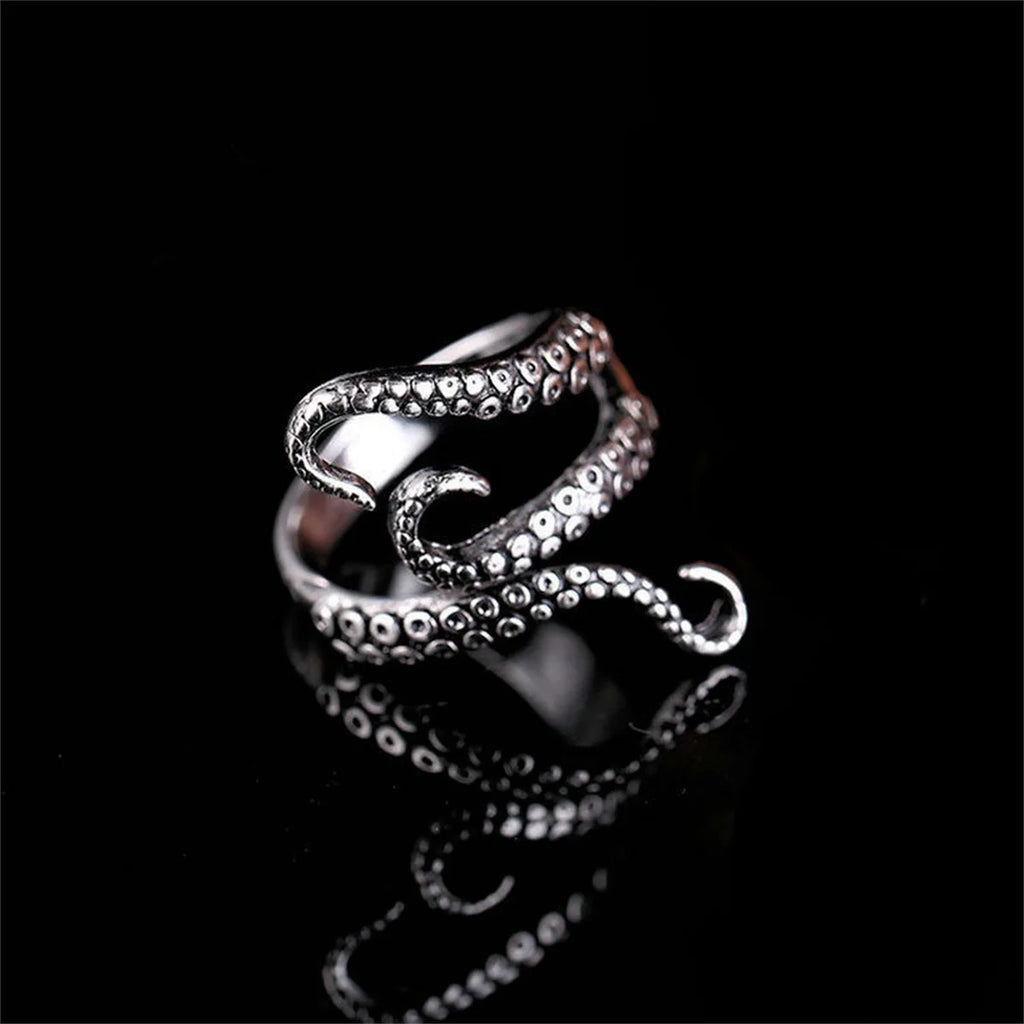 Cool Animal Octopus Rings Simple Punk Gothic Deep Sea Squid Octopus Fashion Jewelry Open Adjustable Antique Silver