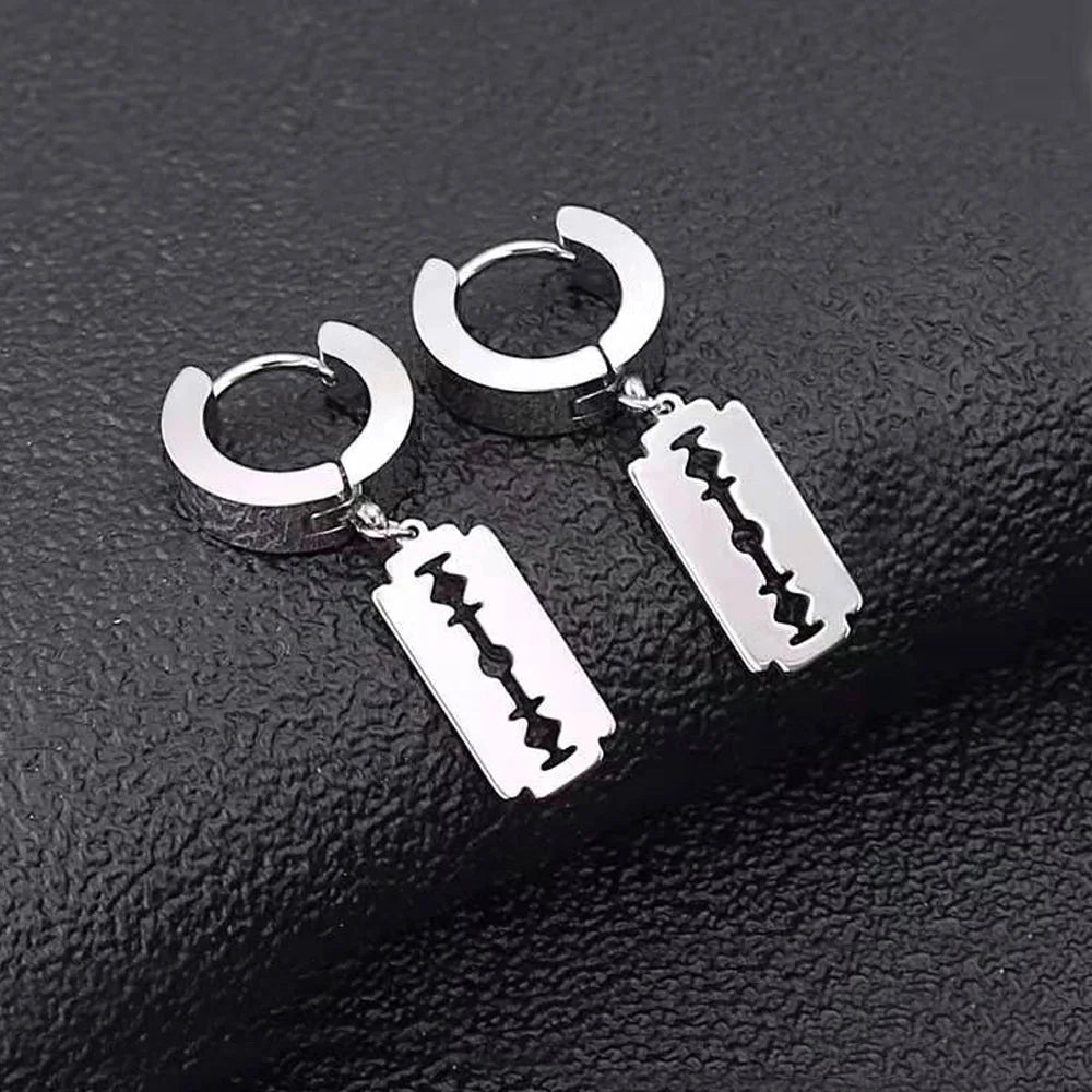Stainless Steel Gold Razor Blade Drop Earrings Small Hoop Dangle Ear Jewelry Rock Roll Men Women Fashion Gift