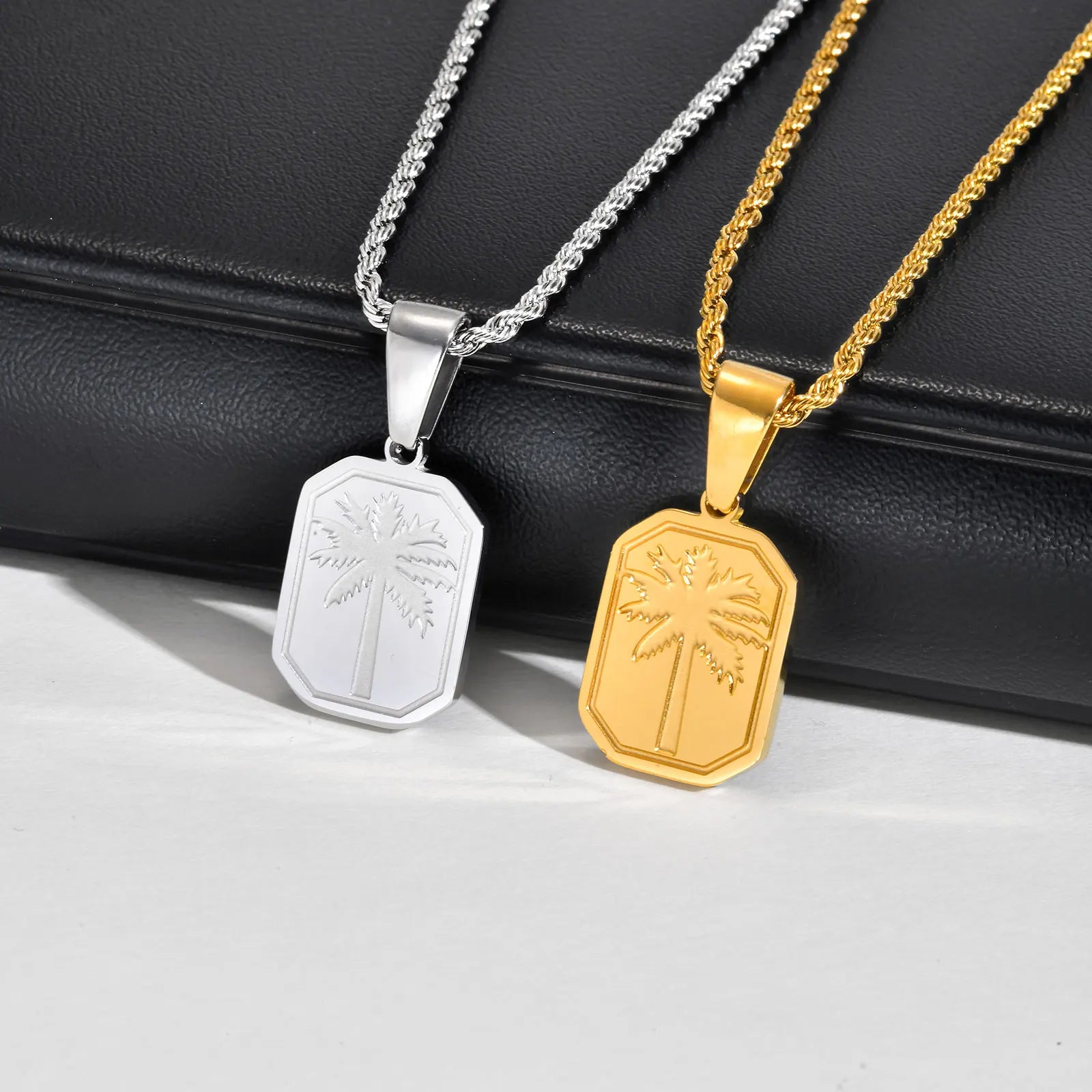 Palm Tree Square Pendant Necklace — Stainless Steel