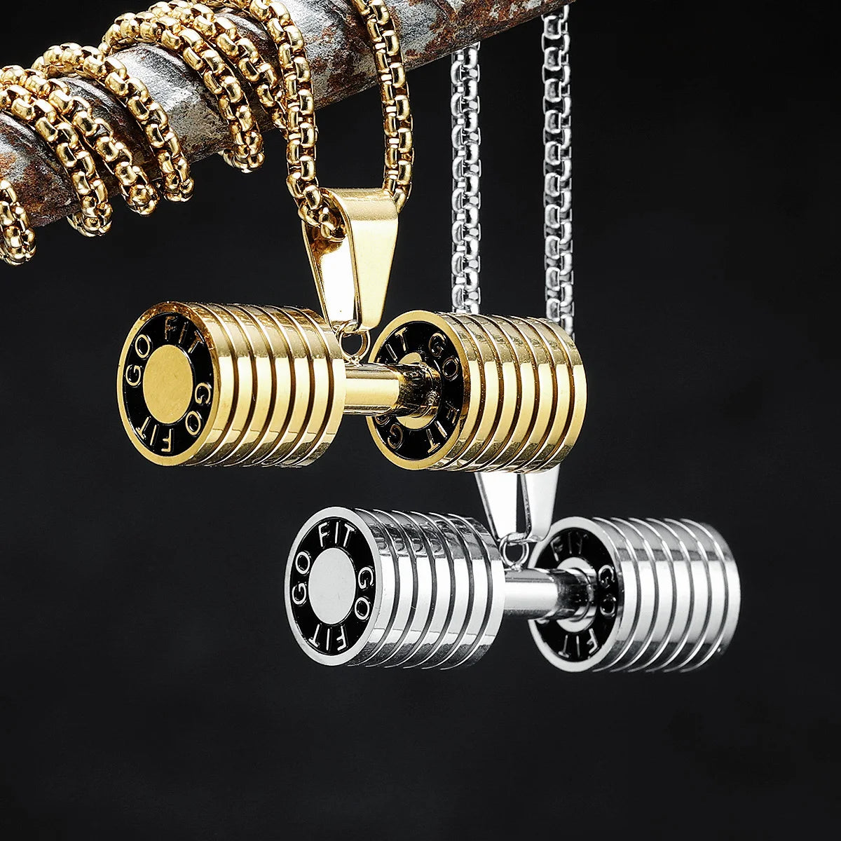 Go Fit Dumbbell Pendant Necklace — Stainless Steel