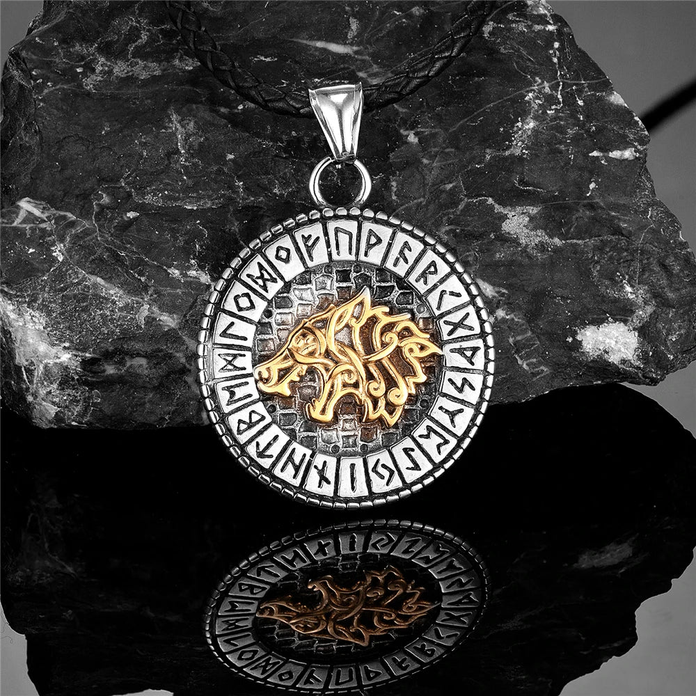 Viking Norse Mythology Odin Wolf Necklaces Men Gold Color Fenrir Rune Pendant Talisman Stainless Steel Male