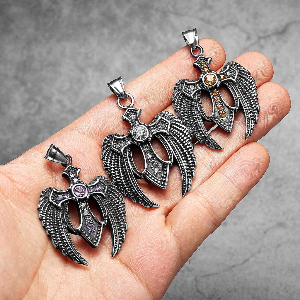 Angel Wing Cross Pendant — Stainless Steel