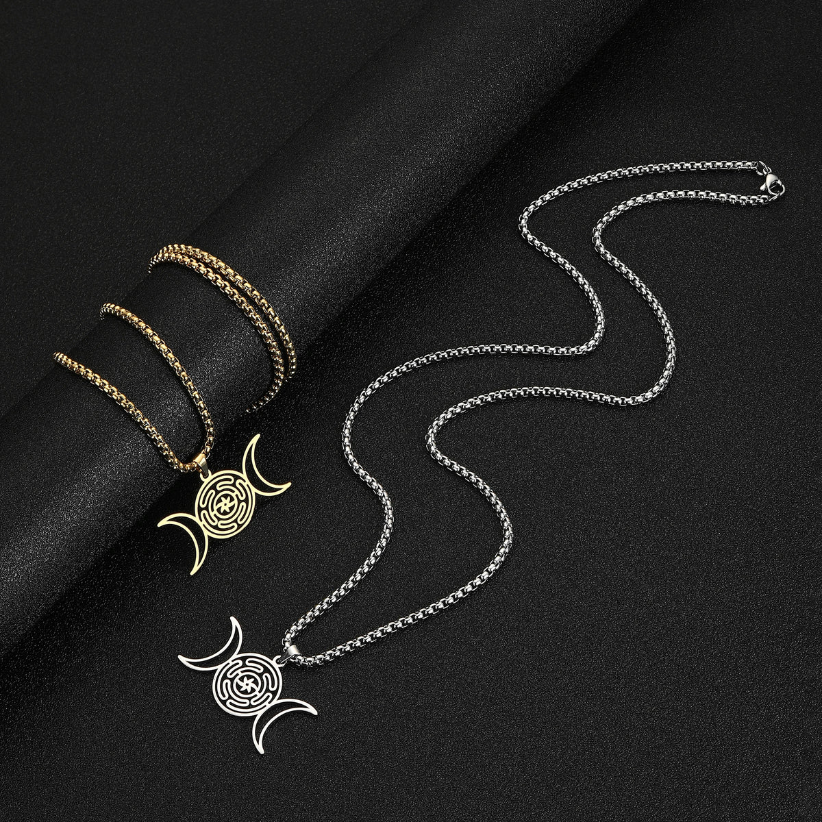 Hekate Wheel Triple Moon Pendant Necklace — Stainless Steel