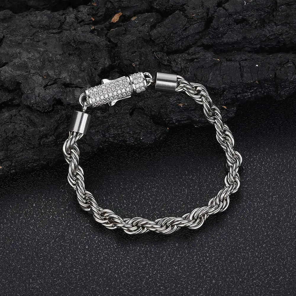 6mm Stainless Steel Rope Chain Necklace With Iced Out CZ Clasp Hip Hop Link For Women/Men