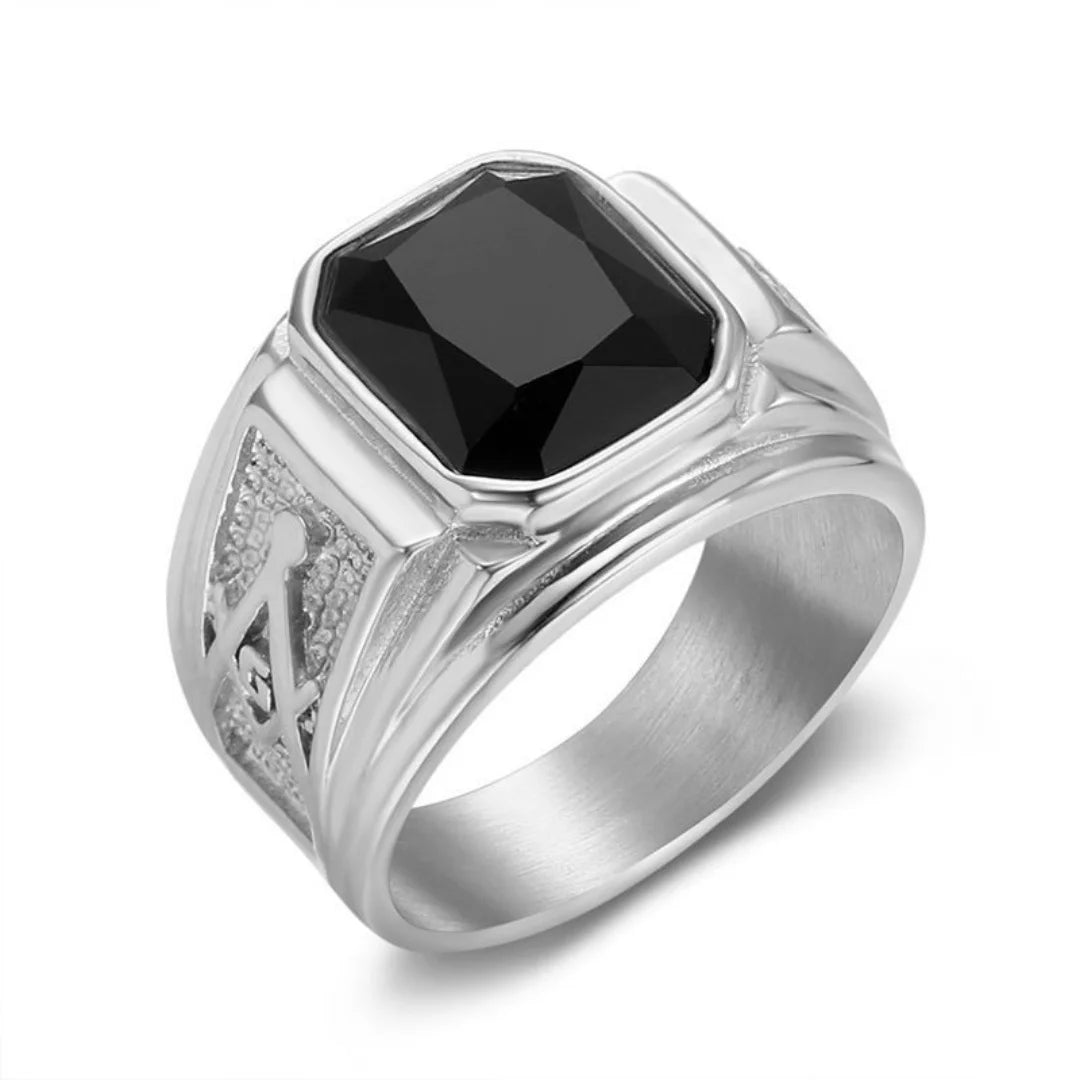 Hip Hop Mystic Masonic Symbol Shiny Black Crystal Ring Gold Color Stainless Steel  Freemasonry Rings for Women Men Jewelry Gift