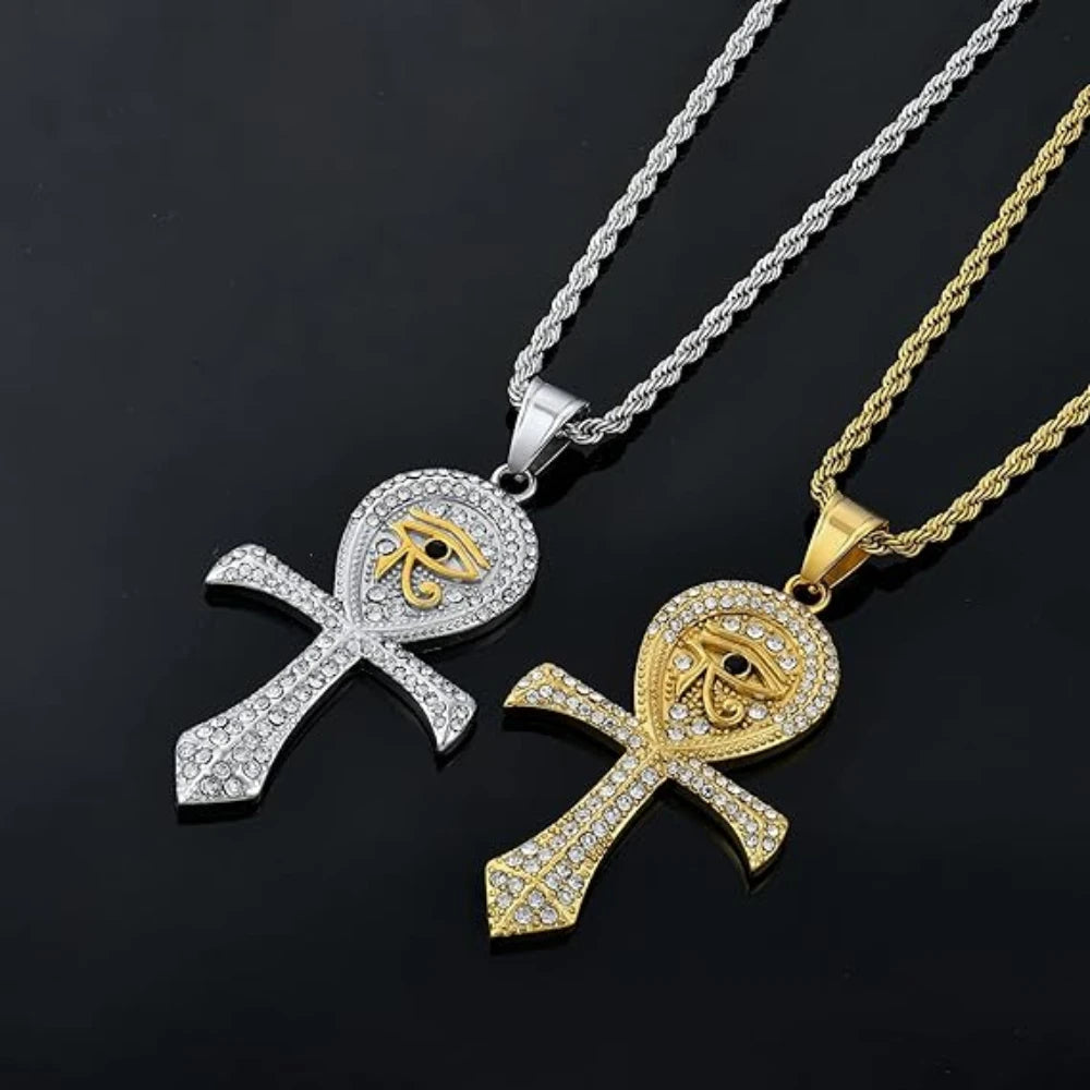 Iced Out Ankh Eye of Horus Pendant Necklace